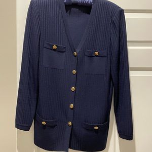 blue st. john’s jacket with gold buttons and 4 pockets
